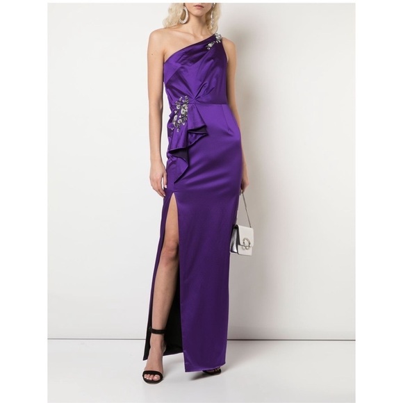 Marchesa Notte One Sleeve AppliquPurple Gown